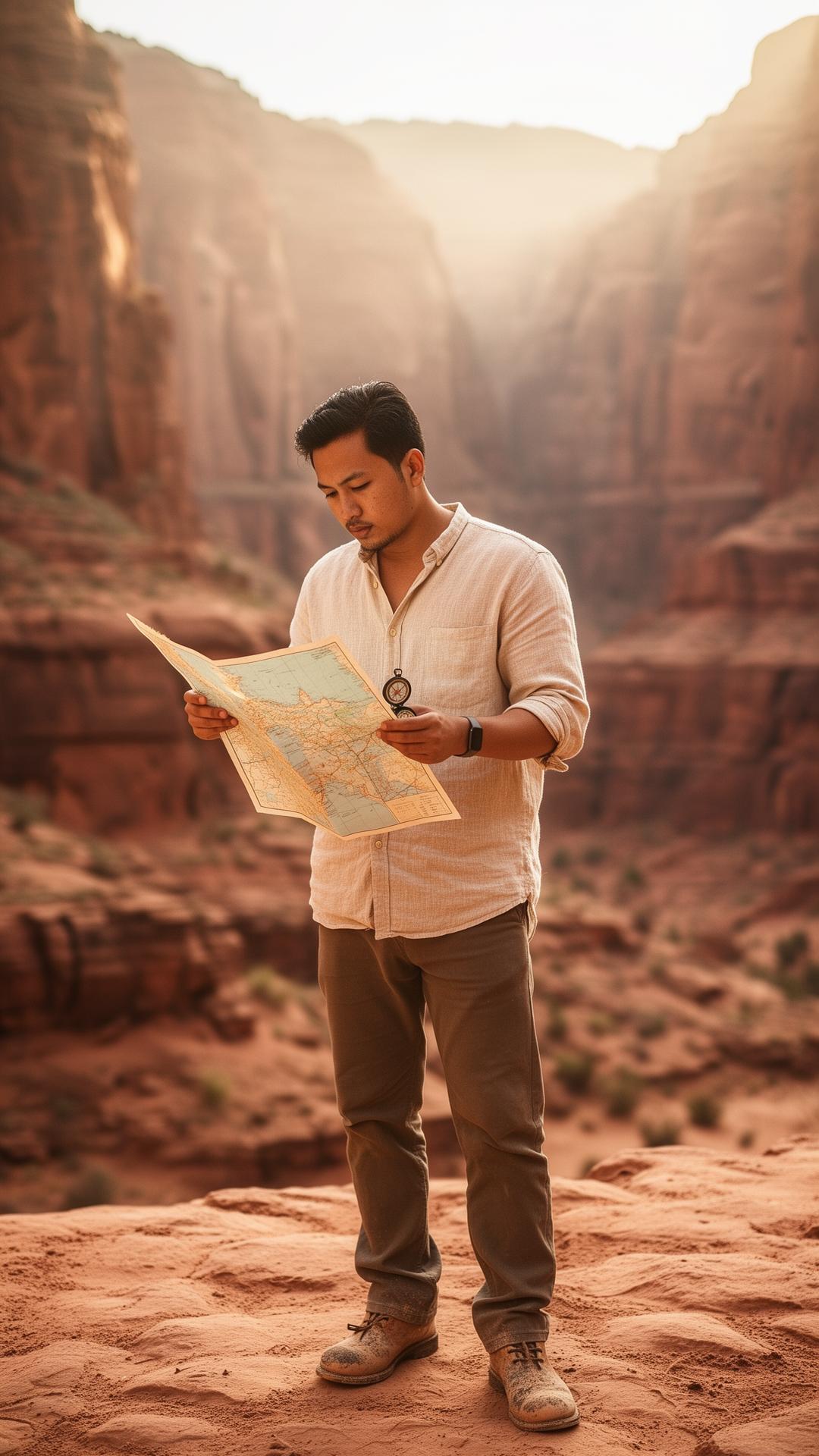 Giovani reading a map in a desert canyon