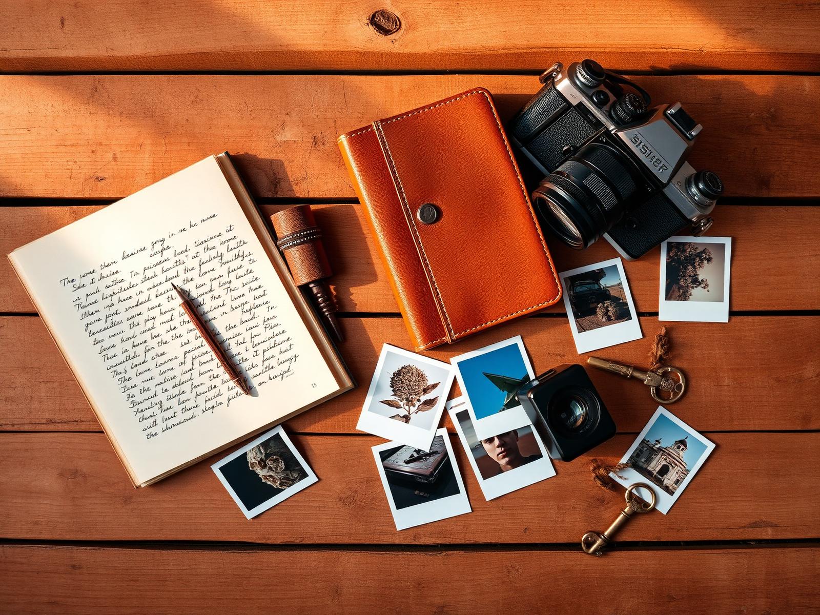 Giovani's field gear laid out: camera, journal, polaroids